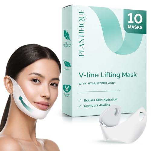 PLANTIFIQUE V-Line Face Lifting Chin Mask 10 Pack - Hydrogel Chin Strap with Hyaluronic Acid and Aloe Vera - Jawline Shaper & Neck Firming
