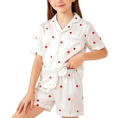 Hoseay Mädchen Satin Schlafanzug-Set Kinder Kurz Oberteil und Elastischer Bund Hosen 2-Teilig Nachtwäsche Weich Leicht Knopfleiste Pyjama Alltag Loungekleidung für Alter 9–10, Weiß