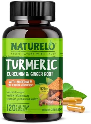 NATURELO Turmeric Curcumin – BioPerine for Better Absorption – Black Pepper, Ginger Root, Curcuminoids – Plant-Based Joint Discomfort Support – 120 Vegan Capsules