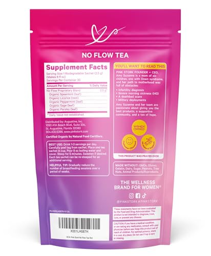 Pink Stork No Flow - Organic Sage Tea to Dry Up Breast Milk Supply and Decrease Milk Production, Stop Breastfeeding, Wean Lactation Naturally, Postpartum Essentials - Hot or Iced - 15 Sachets