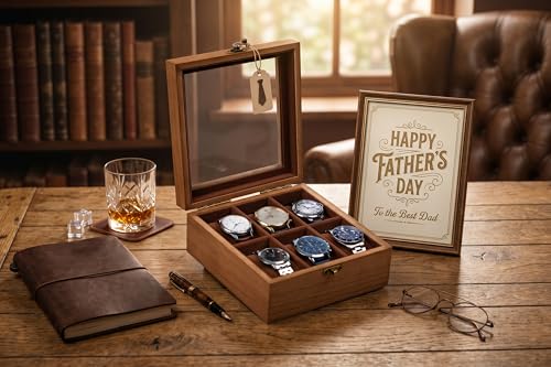 Image of Watch Box, Watch Case for Men Women with Large Glass Lid, Wooden Watch Display Storage Box with 6 - Slots, Retro Burlywood 6x2 Mens Watch Box Organizer