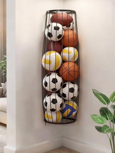 AIDILI Garage Ball Storage Rack - Wall Mounted Corner Ball Holder with Elastic Cords Large Capacity Sports Organizer for Basketball Soccer Football Volleyball Black