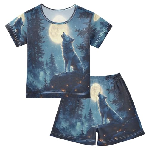 ALAZA Wolf Animal Moon Tree Pajamas Set Short Sleeve Cotton Sleepwear Summer Pjs 2 Piece 5-14Y