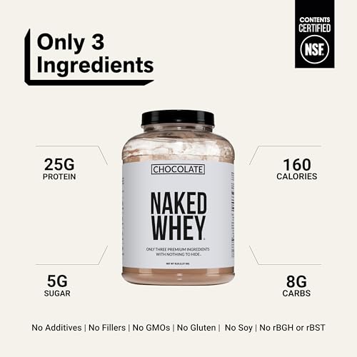 Image of NAKED Whey Protein Supplement Powder, Chocolate, NSF Certified, GMO Free, Soy Free, Gluten Free Aid Muscle Growth and Recovery 60 Servings, 5 Ib