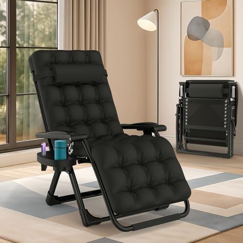 Slendor Zero Gravity Chair, Zero Gravity Lounge Chair with Upgraded Lock and Removable Cushion, Reclining Camping Chair with Cup Holder, Headrest for Indoor Outdoor, Black