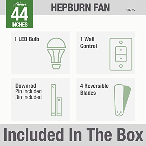 Image of Hunter 44 inch Indoor Ceiling Fan with LED Light - White Ceiling Fan for Bedroom, Living Room, or Kitchen, Standard Mount, Wall Control, 4 Blades, Includes Bulb - Hepburn 50275, Matte White