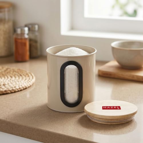 Image of HAZEL Airtight Kitchen Storage Container with Wooden Lid & See Through Oval Window 500ml