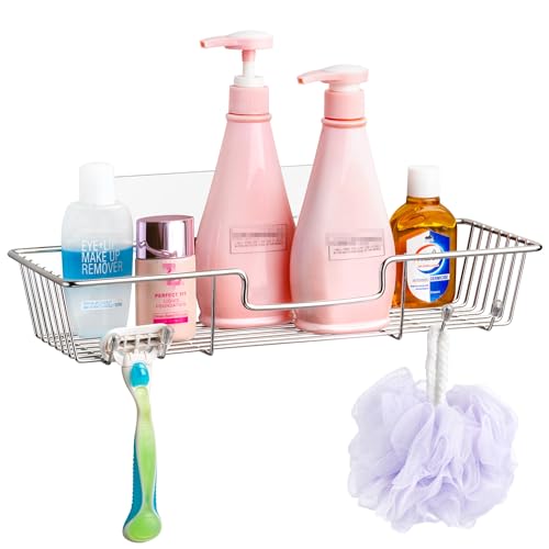 iPEGTOP Adhesive Shower Caddy Bathroom Shelf Storage with Hooks for Shampoo Conditioner Holder Kitchen Organizer Basket, No Drilling Wall Mounted, Rustproof Stainless Steel