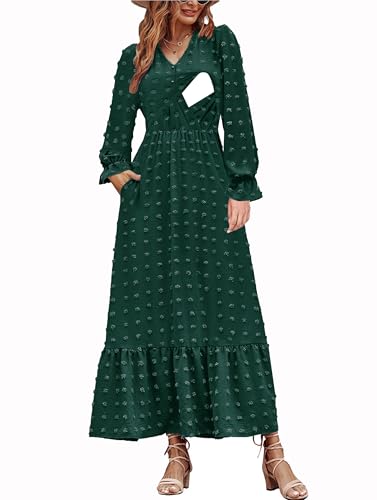 CzzzyL レディース 授乳 ボーホー マキシドレス 2024 Vネック スイスドット スモック ハイウエスト Aライン フリル ティアード ロングドレス ポケット付き, ディープグリーン, Largeの商品画像（Amazon）