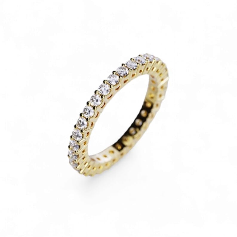 2mm Full Eternity Diamond Ring for Women, Solid Gold Stacking Band, Yellow/White/Rose Gold, Delicate Matching Wedding Band, Perfect Stackable Band2