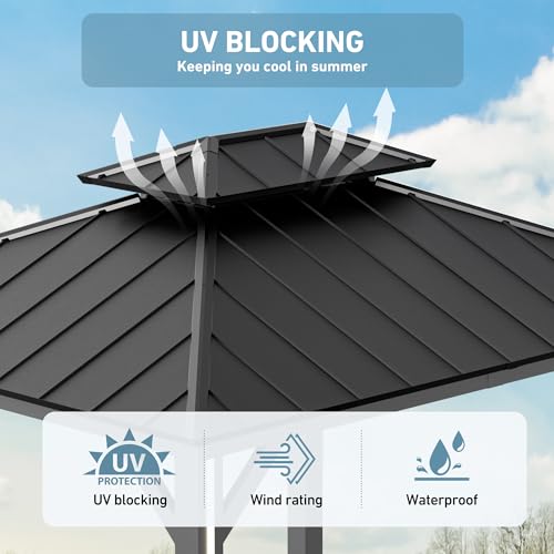 Big Leaf 12' x 14' Hardtop Gazebo with LED Strip Lights – Galvanized Steel Double Roof, USB and USB-C connectors, Mosquito Netting and Curtains – Outdoor Metal Gazebo for Decks and Backyards, Black - Image 5