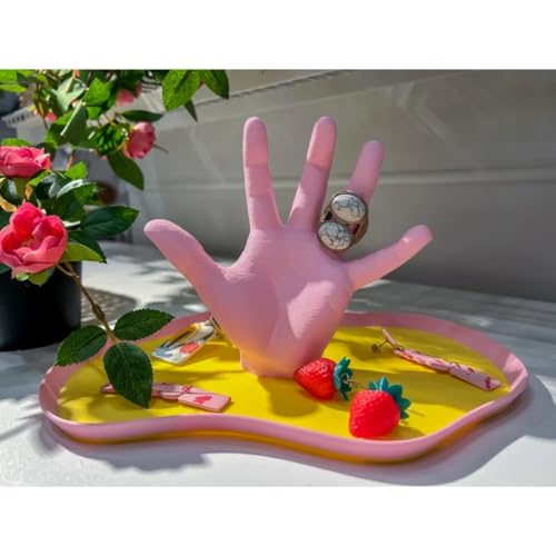 Cute Pink Yellow Hand Shaped Decorative Tray, Quirky Cool Jewelry