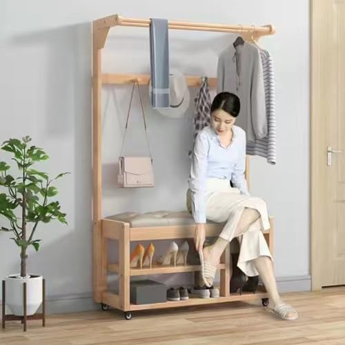 Banc d'entrée porte-manteau à roulettes pour optimiser les petits espaces