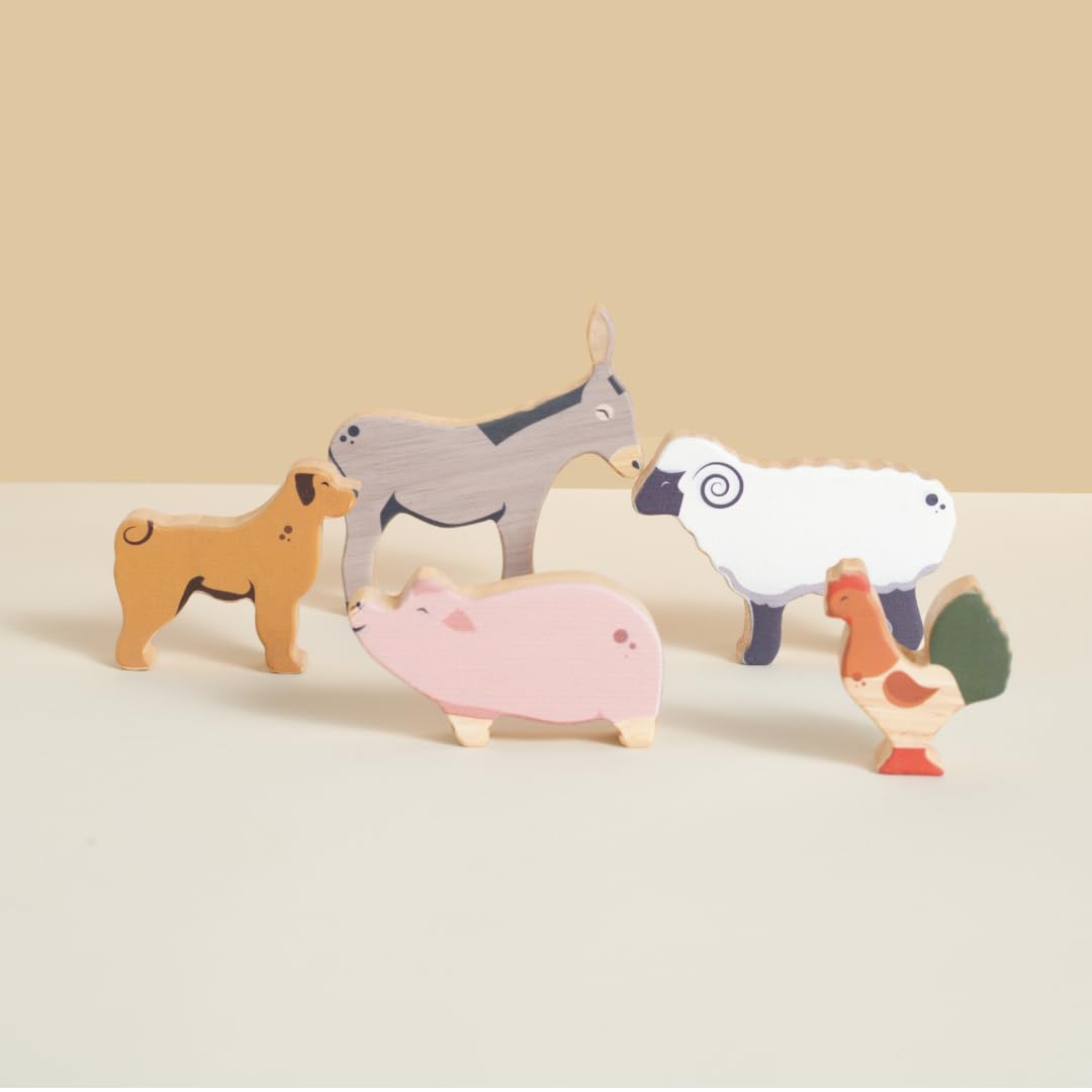 GUBBACHHI Wooden Farm Animals Set | Multicolor | Animal Pieces with Playmat & Story Book | Educational Montessori Toy | Ages 2+ Years (5 Pieces - Dog, Donkey, Sheep, Pig, Rooster)
