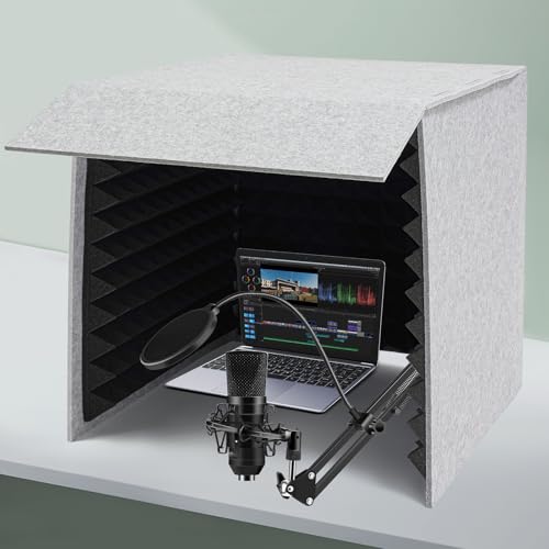 Booth portátil para grabación vocal, cubierta de escritorio insonorizada, escudo absorbe sonido vocal (Gris, Negro) miniatura 1
