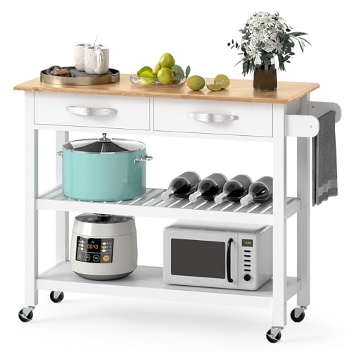 Giantex Kitchen Island with Storage, 3-Tier Rolling Utility Cart with Wood Countertop, 2 Drawers, 2 Open Shelves and Lockable Casters, Serving Trolley for Dining Room, Natural and White