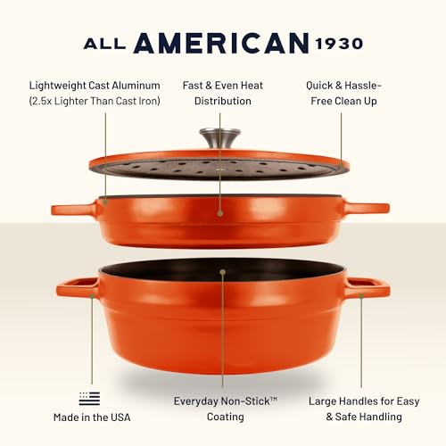 Image of All American 1930 - Dutch Oven - The Complete Set, Saffron Orange - 7.75qt Capacity - Ideal for Family Meals & Versatile Cooking - Non Stick & PFAS Free - Made in the USA