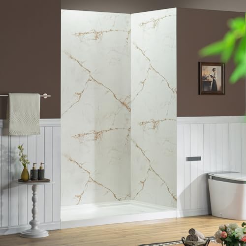 Image of WOODBRIDGE 48 inchW x 36 inchD x 96 inchH 3-Piece Solid Surface Shower Wall Panels, Beige Marble with Soft Brown Veining, Trimmable, Quick Install, BRW-4836-CO96