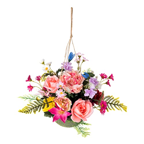 Ivydale Artificial Hanging Silk Flowers In Basket, Fully Assembled Mix Rose Peony Daisy Orchid Ivy Leaves Hanging Planter With Moss Pot Basket For Home Decoration Outdoor Indoor Garden #TOP3