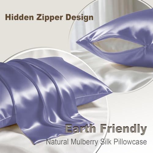 Image of LYSHIN Silk Pillow Cases 2 Pack King Size with Zipper, Grayish Blue