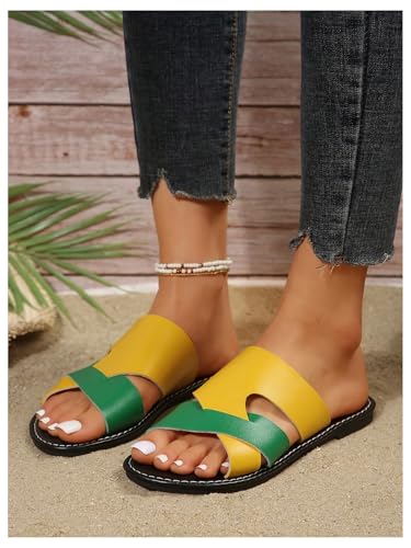 Image of Verdusa Women's Color Block Flat Leather Sandals Open Toe Vacation Slip on Slides