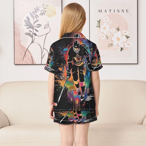 ALAZA Ice Hockey Player Black Satin Pajamas Set Short Sleeve Button Down Sleepwear Summer Pjs 2 Piece4