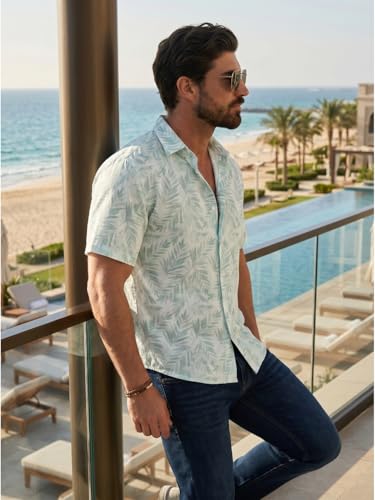 Image of BROWN CULTURE Men's Cotton Blend Printed Shirt with Spread Collared Neck Half Sleeves Oversized Straight Hem Length and Button Down Closure | Formal Shirts for Men