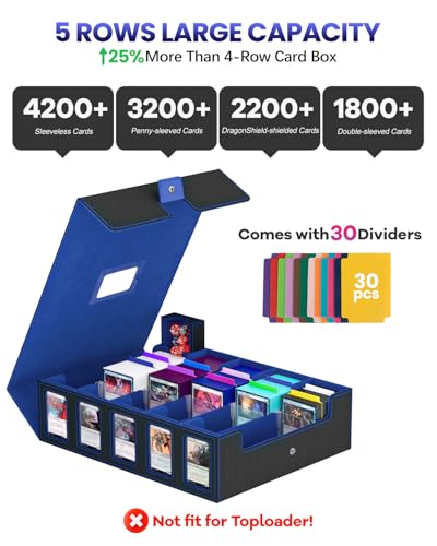 Image of Trading Card Storage Box, 5 Row Card Deck Case with Commander Display & Portable Handle, 4200+ Card Deck Boxes Compatible for MTG TCG Magic Cards, 30 Divider, 8 Supporters, 1 Dice Tray (Black & Blue)
