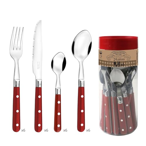Pradel Essentiel Bistro-Club - Cubertería, 24 cubiertos de mesa, para 6 personas, acero inoxidable 18/0, acabado estándar, rojo