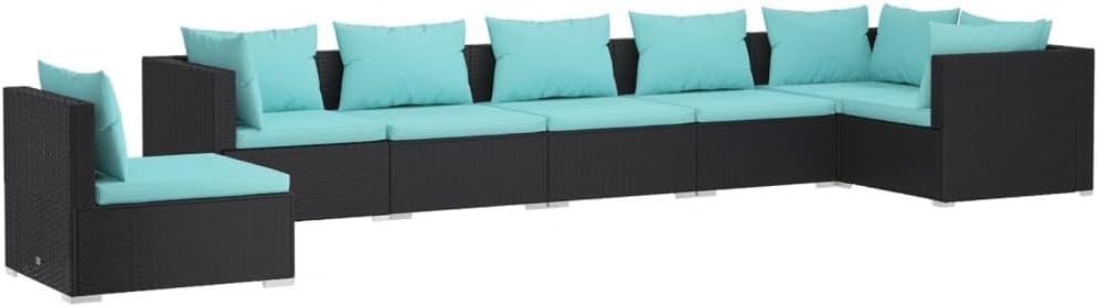 7-Seat Modular Rattan Garden Lounge Set Black, Water Blue Cushions, Outdoor Sectional Sofa PE Wicker Patio Furniture Set 24.8x27.6x23.8 in for Deck, Balcony, Poolside