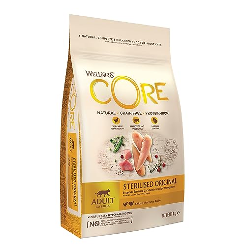 Wellness CORE Sterilised Original, Pute & Huhn, 4 kg, Premium Katzenfutter trocken für sterilisierte Katzen, ohne Zuckerzusatz, getreidefrei, mit hohem Fleischanteil, beugt Haarballen vor