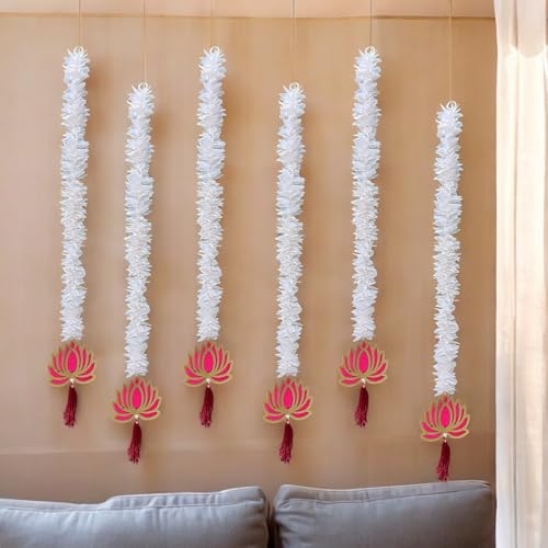 Image of Rajasthan Kraft Artificial Gajra & Wooden Lotus Hanging Pack of 6 | 32 Inch Long | Artificial Garland Set | White Floral Door Hanging | Mandir Decorations Items for Sankranti, Ugadi, Gudi padwa.