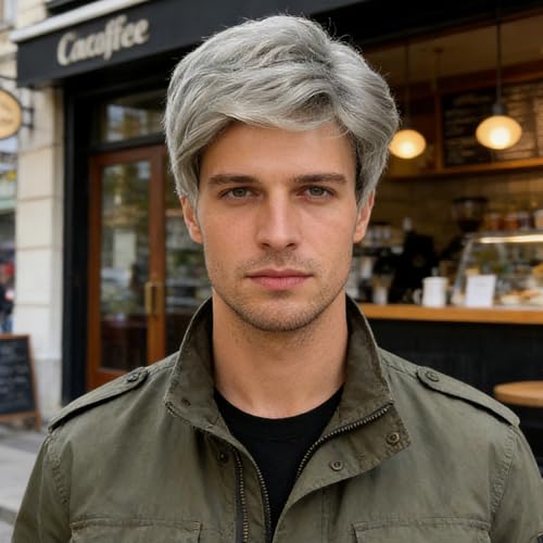 MLPKOI Herren Perücke Herren Graue Kurz, Wigs, Perücken, Pperücke Kurze, 70er 80er Disco Täglich Halloween Cosplay Perücke Kostümparty Flauschiges Kostüm, Hübscher Täglicher Rocker-Stil, Punk (Grau)
