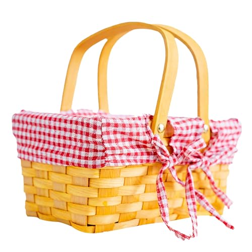 UPALDHOU Cesta de Picnic, Cesta Tejida a Mano Forrada con Forro Rojo y Blanco de Cuadros (Forro a Cuadros.)