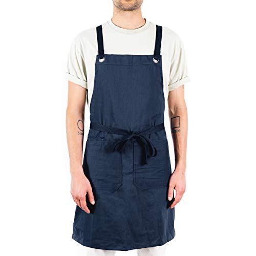Caldo Crossback Kitchen Apron for Cooking - Mens and Womens Professional Chef or Server Bib Apron - Adjustable Crossback Style - Rustic- Midweight Cotton (Navy)