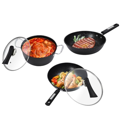 Scheffler Pfannenset,24/24/32 cm Wok, Bratpfanne und Kochtopf,Griff Antihaft-Beschichtete Bratpfannenset mit Deckel für alle Herdarten