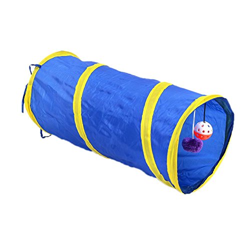 Pecute Tunnel Cat Dog Play Tunnel with Ring Bell Exercise Collapsible Toy, Blue