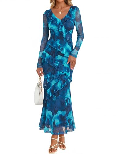 ZESICA Women's Fall Floral Long Sleeve Maxi Dress 2025 Boho Bodycon V Neck Ruffle Wedding Party Long Dresses