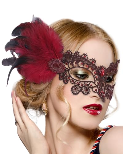 Zinniday Red Feather Masquerade Masks - Halloween Lace Mask with Red Shiny Rhinestone for Women 1920s 50s Antique Venetian Eyemask for Renaissance Cosplay Costume Party Carnival Prom