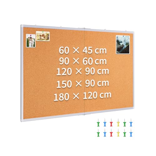 Maxtek Pinnwand Kork Groß 90 x 120 cm, Pinwand Korktafel mit Aluminiumrahmen, Cork Board inklusive 12 Reißzwecken, aus Selbstheilendem Natürlichen Kork und Einfach zu Montieren