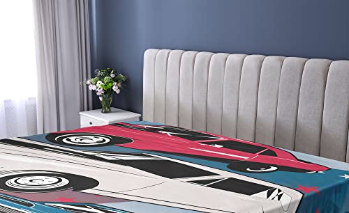 Lunarable Cars Fitted Sheet, Pop Art Group Of Nostalgic American Muscle Vehicle Stars Antique Print, Soft Decorative Fabric Bedding All-Round Elastic Pocket, Full Size, Beige Blue #TOP1