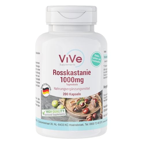 Rosskastanie 1000mg - 200 Kapseln - 1000mg pro Tag - Hochdosiert - mit wertvollem Aescin - Qualität aus Deutschland - ViVe Supplements