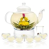 Glas-Teekannen-Set, 800 ml, für den Herd, sicheres Glas, Teekessel mit 6 kleinen doppelwandigen Teetassen und losem Tee-Ei und Teewärmer, Teebereiter, blühender Tee-Geschenk-Set für Frauen