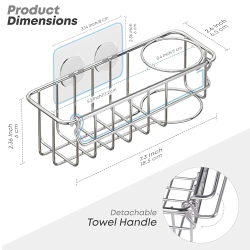 KESOL RustProof Sponge Holder Caddy for Kitchen, Stainless Steel Organizer, Brush Holder, 304 Accessories, Suction Cup + Adhesive