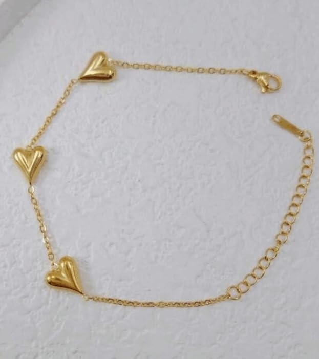 Image of Anti-Tarnish Triple Heart Bracelet, Gold Chain Bracelet with Heart Charms, Adjustable