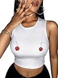 Hilinker Womens Graphic Tank Tops Ribbed Sleeveless Funny Crop Top Cute Summer Shirt White Two Cherry Medium