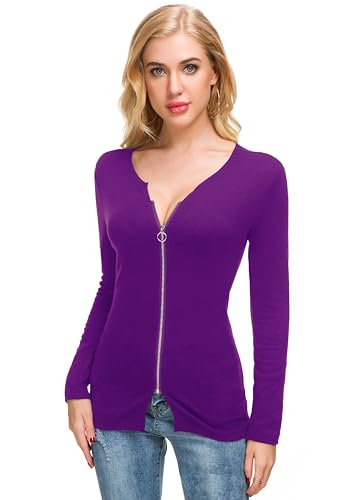 Image of Afibi Women V Neck Zip Front Long Sleeve Casual Top Blouse Shirt /Cardigan