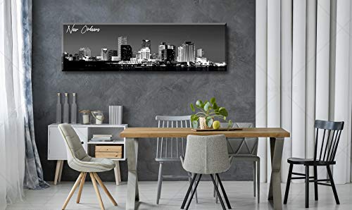 Image of DJSYLIFE Black and White New Orlean City Skyline Canvas Wall Art | 13.8 inchX47.3 inch Panoramic Cityscape Print, Ready to Hang for Bedroom, Office, Living Room Decoration