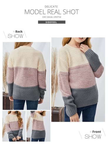 Sidefeel Girls' Long Sleeve Knit Sweater Color Block Crewneck Cute Warm Pullover Holiday Size 10-11 Pink #TOP5