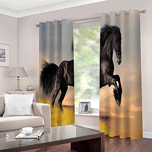 PVMLVM Rideaux Occultants Isolant Thermique Polyester Rideaux pour Garçon Fille Chambre Cheval Animal Noir 3D Design Moderne À Oeillets Salon Rideau 140x160cm(Largeur x Hauteur),2 Pièces Cover